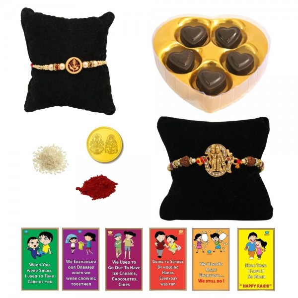 BOGATCHI 5 Heart Chocolate 2 Rakhi Gold Coin Roli Chawal and Story Card E | Unique Rakhi Gifts for Sister | Rakhi with Chocolate Online 